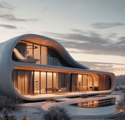 RCM Construção - Casa moderna com estrutura fluida e janelas grandes em um ambiente desértico ao pôr do sol.